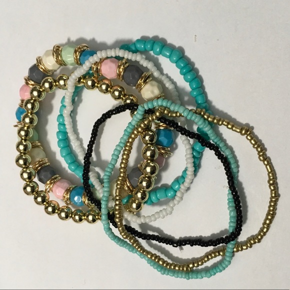 Boho Layer Bracelet Set 7 Piece Stackable Set in Blue Turquoise Gold Colors - Picture 3 of 6